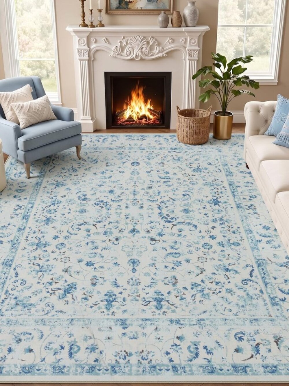 Persian Washable Vintage 8x10 Area Rugs for Living Room, Blue White